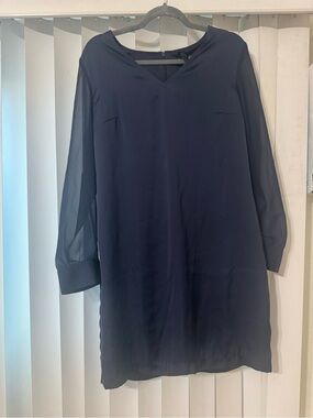 Tevolio Navy Shift Dress with Sheer Sleeves